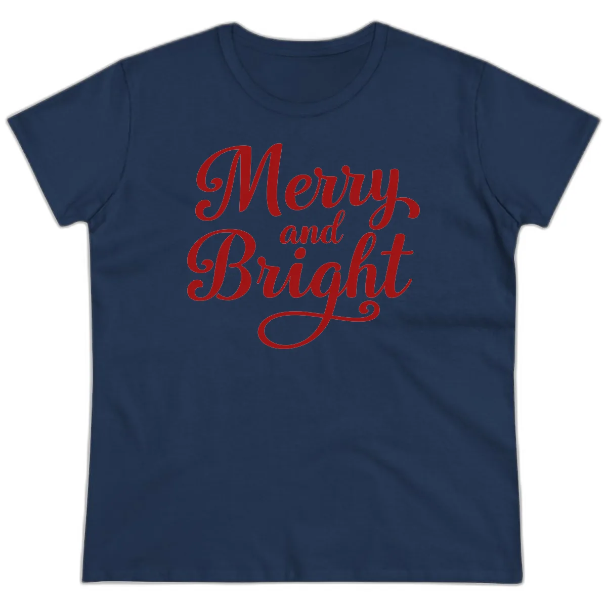 Merry and Bright Script Typography Ladies Tee in Navy