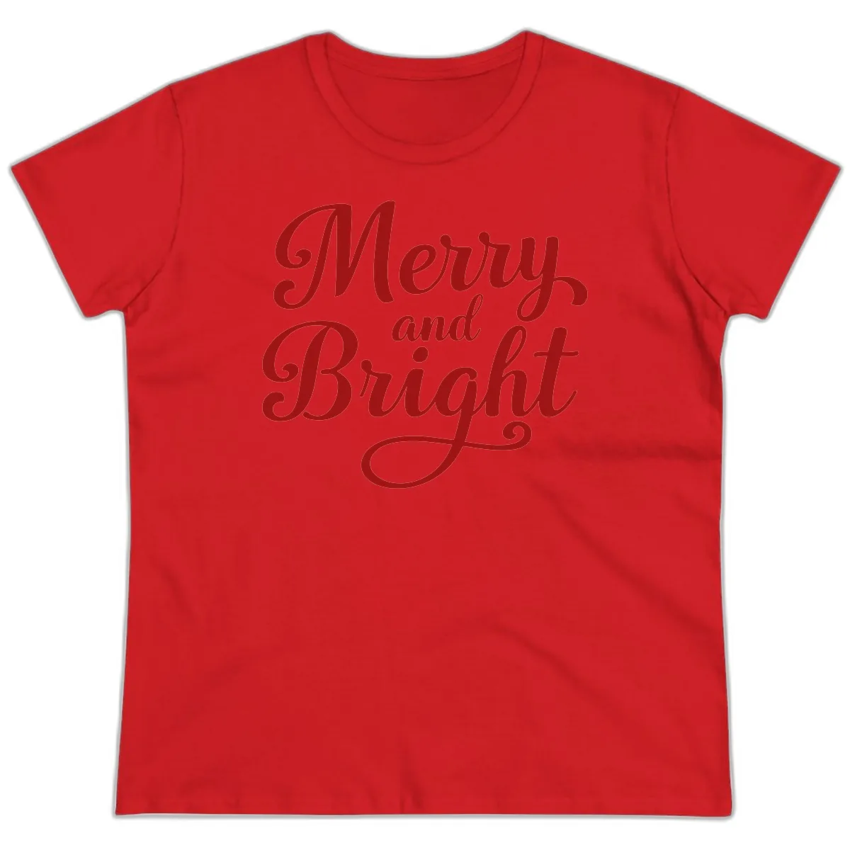 Merry and Bright Script Typography Ladies Tee in Red