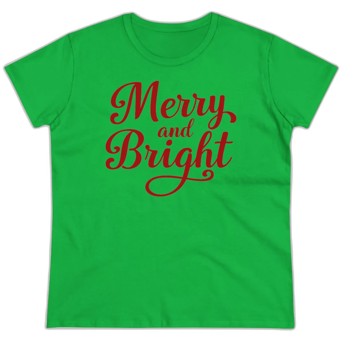 Merry and Bright Script Typography Ladies Tee in Irish Green