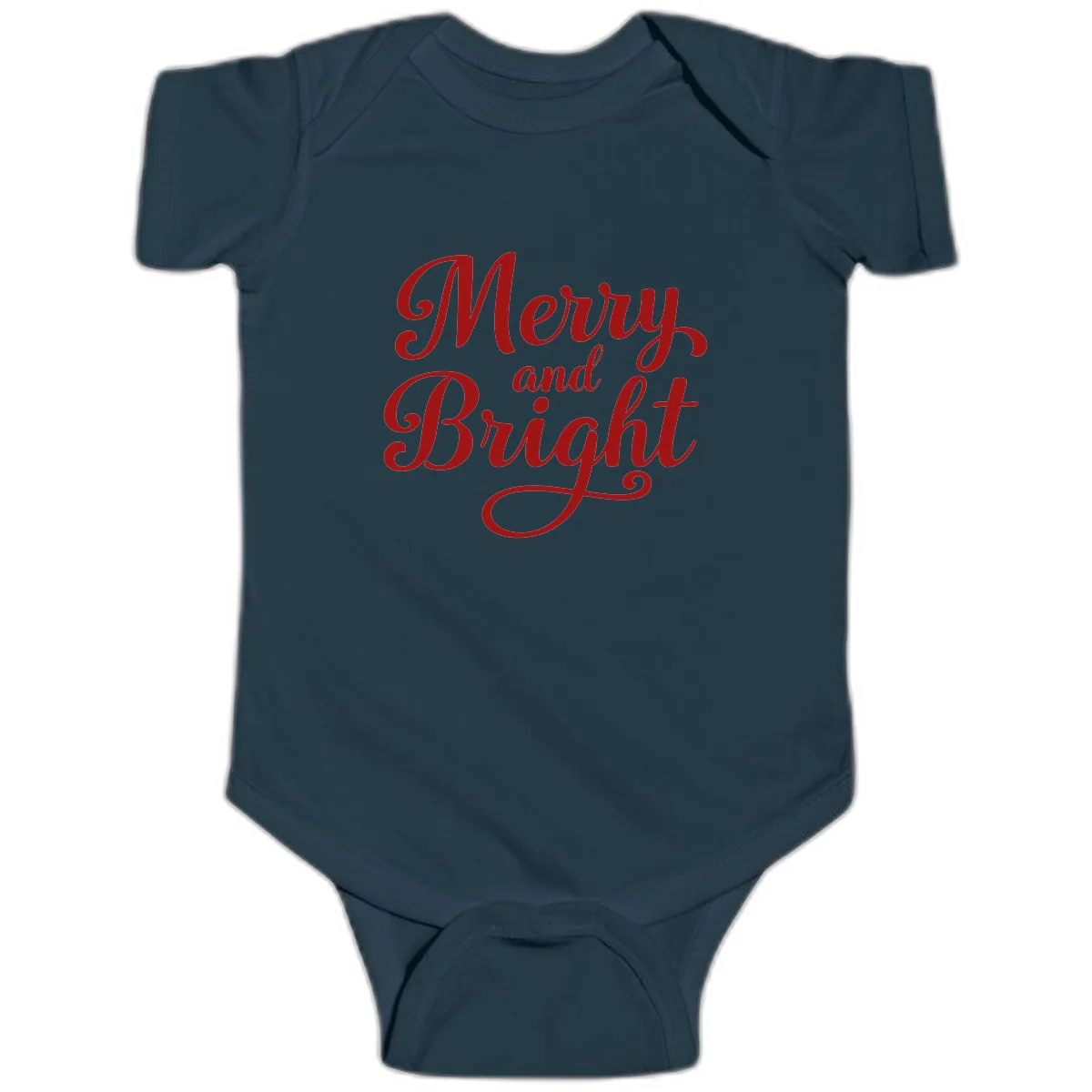 Merry and Bright Script Typography Baby Onesie in Navy