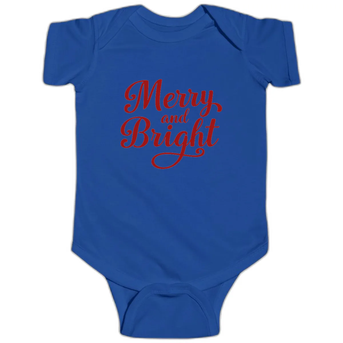 Merry and Bright Script Typography Baby Onesie in Royal