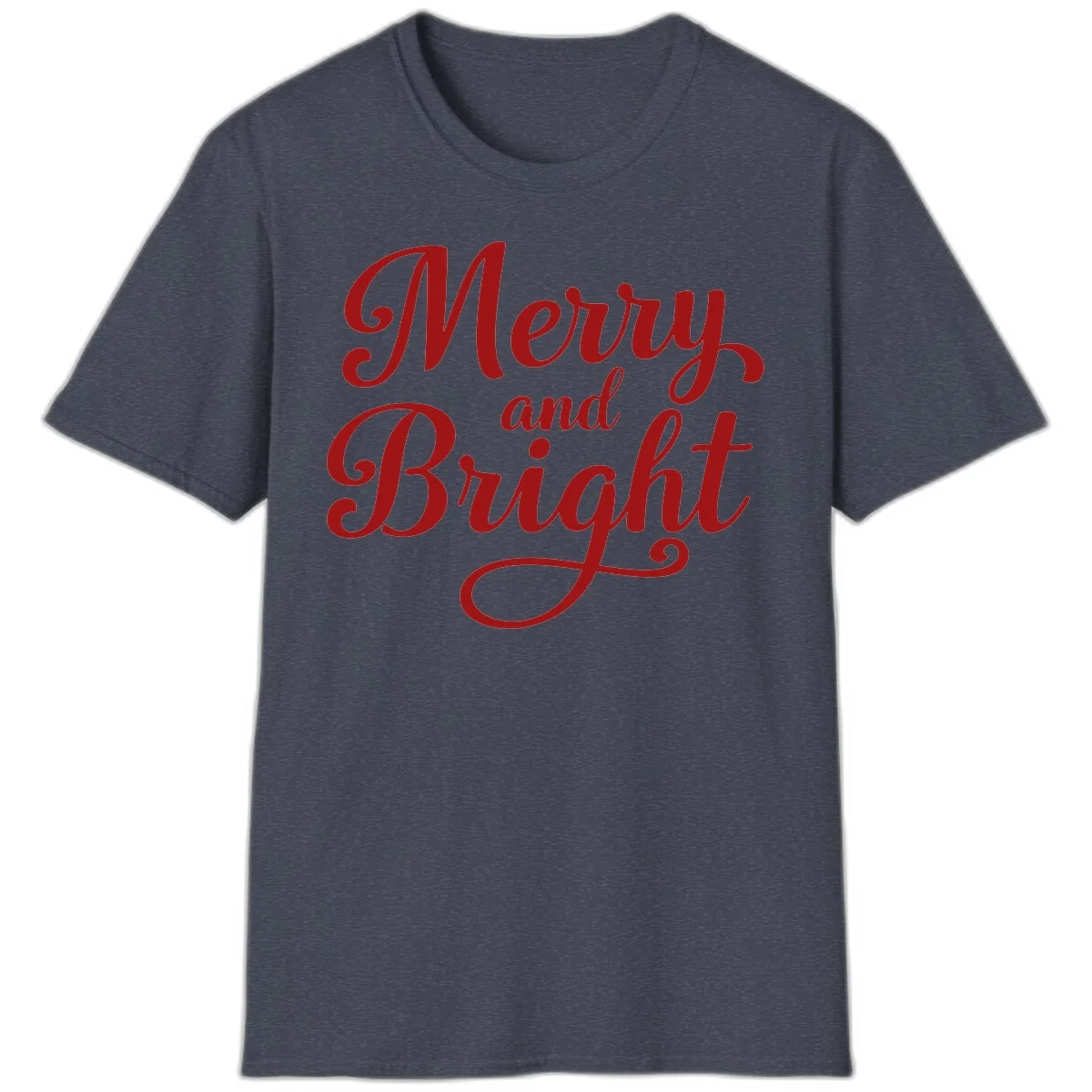 Merry and Bright Script Typography T-Shirt in Heather Navy