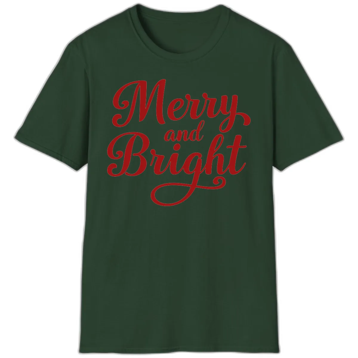 Merry and Bright Script Typography T-Shirt in Forest Green