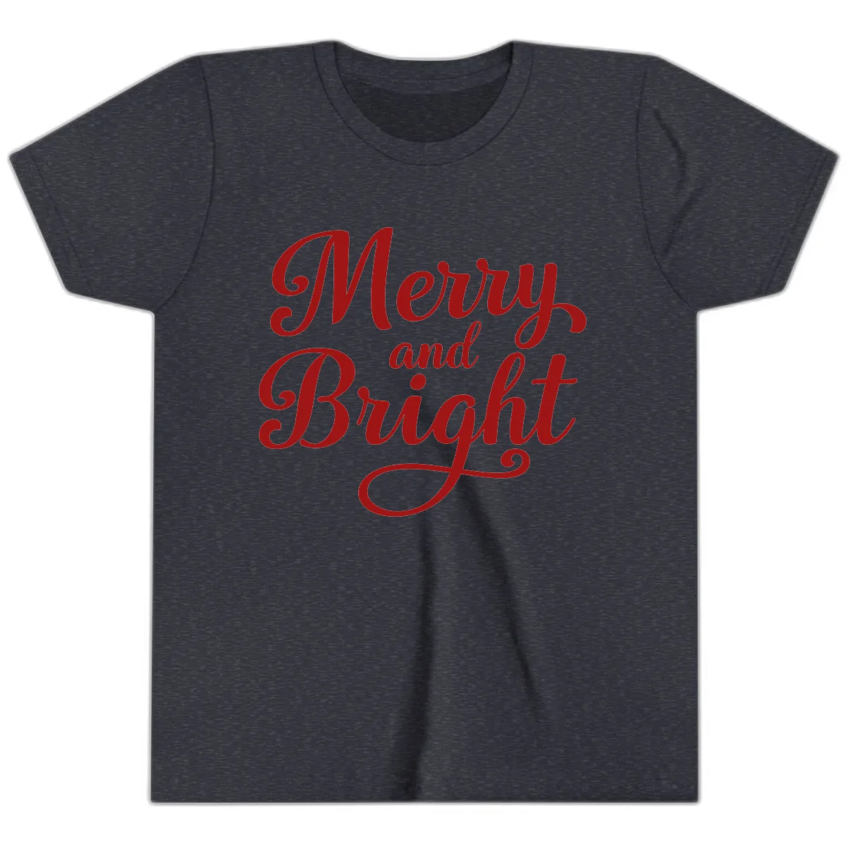 Merry and Bright Script Typography Youth T-Shirt in Heather Navy