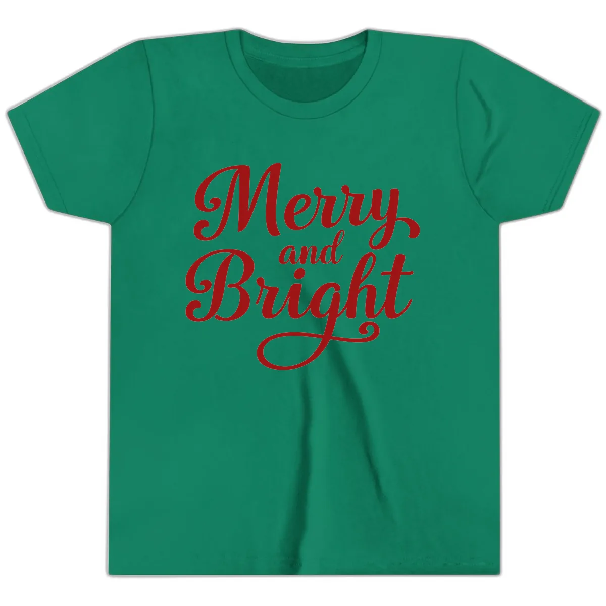 Merry and Bright Script Typography Youth T-Shirt in Kelly
