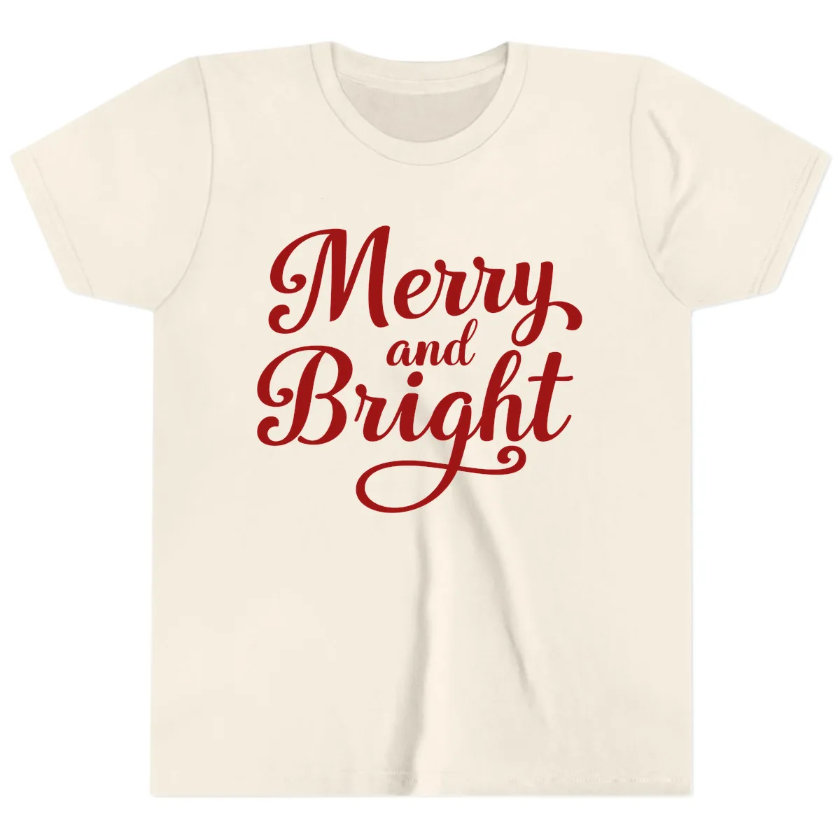 Merry and Bright Script Typography Youth T-Shirt in Natural