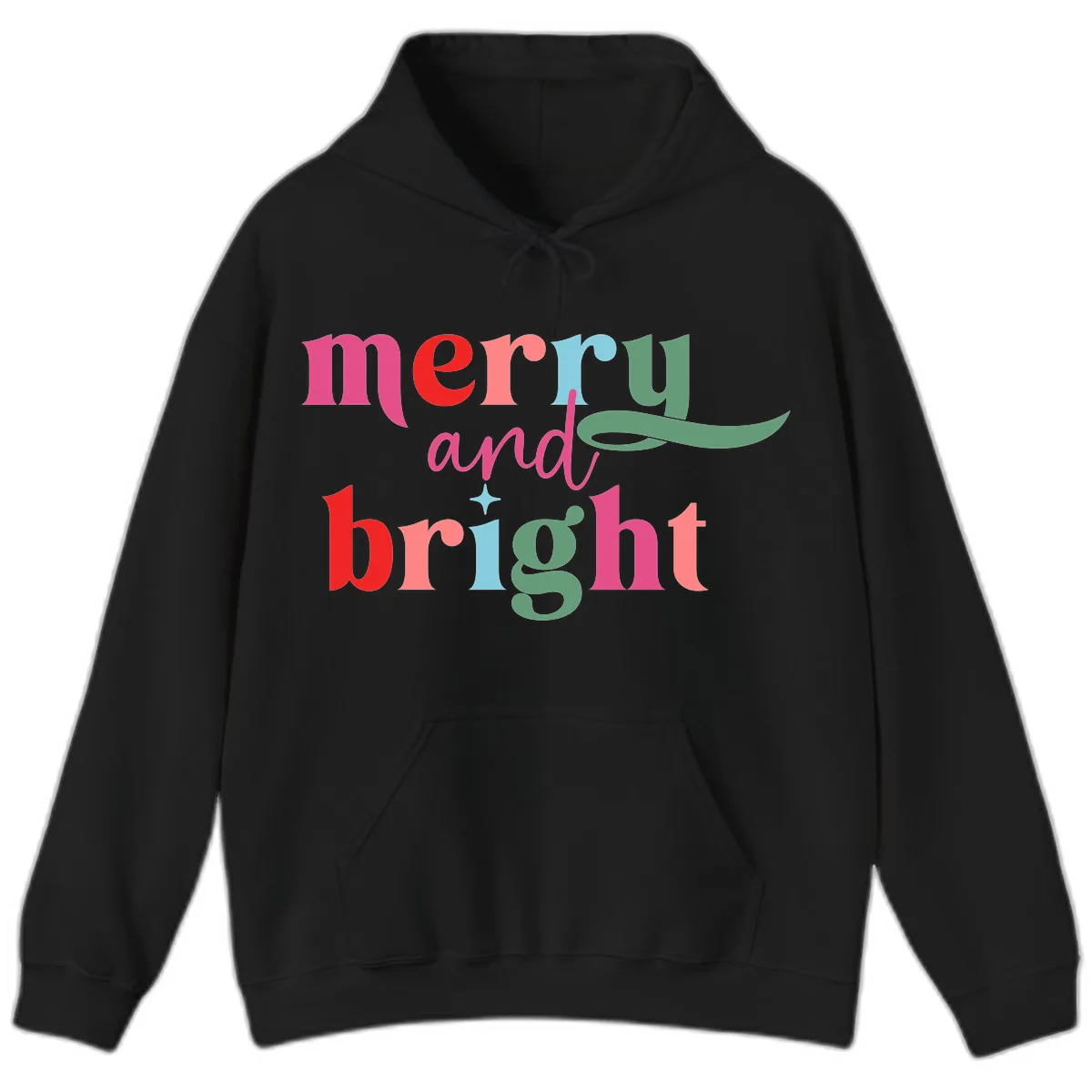 Merry And Bright Christmas Typography Hoodie in Black