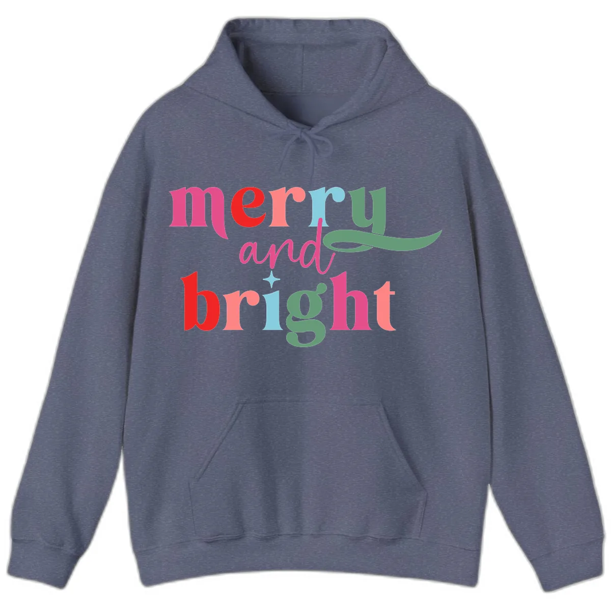 Merry And Bright Christmas Typography Hoodie in Heather Navy