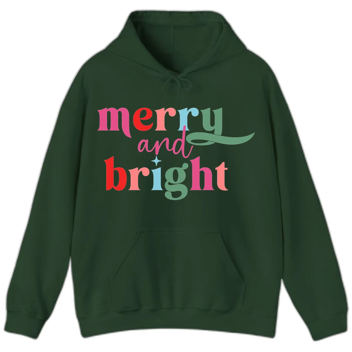 Merry And Bright Christmas Typography Hoodie in Forest Green