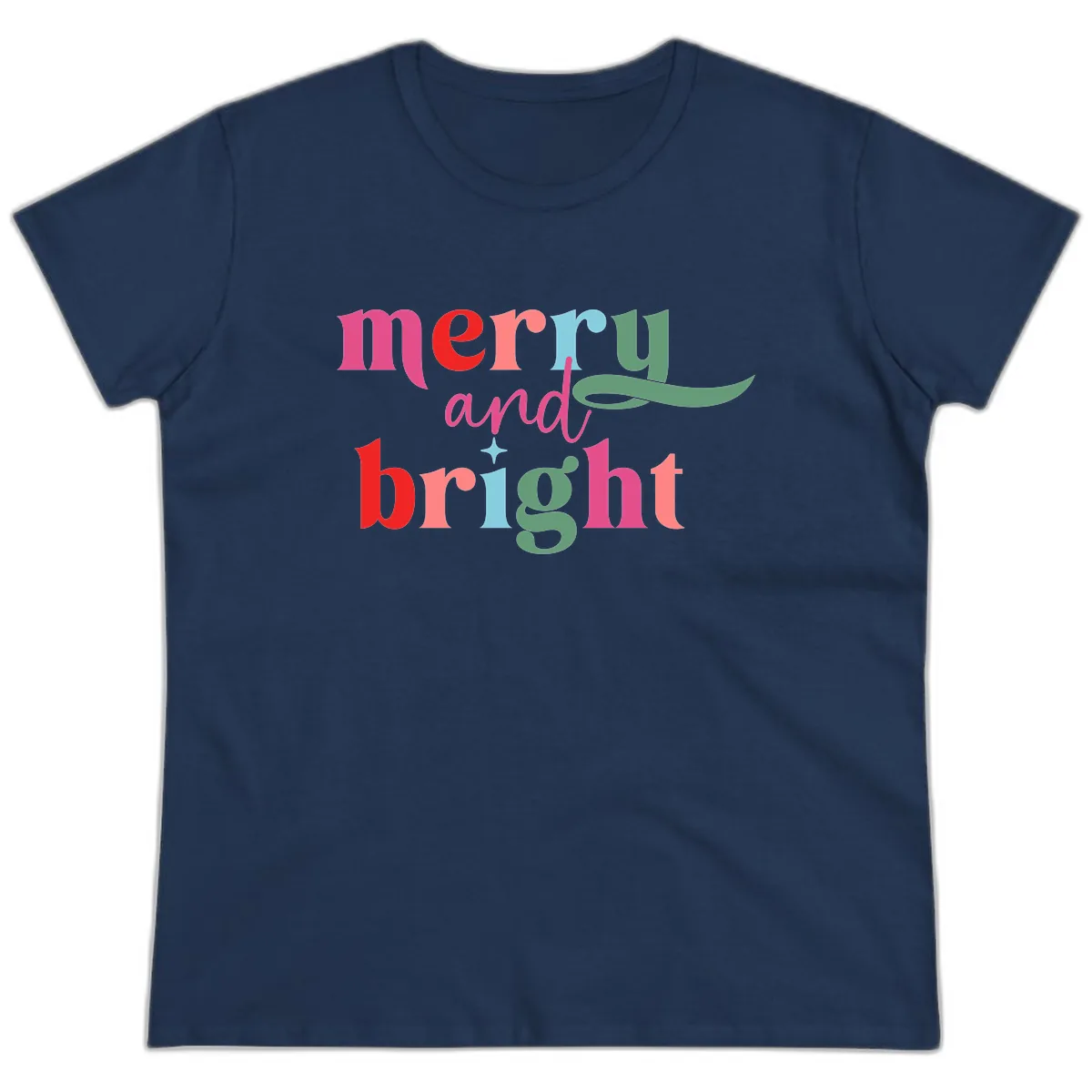 Merry And Bright Christmas Typography Ladies Tee in Navy