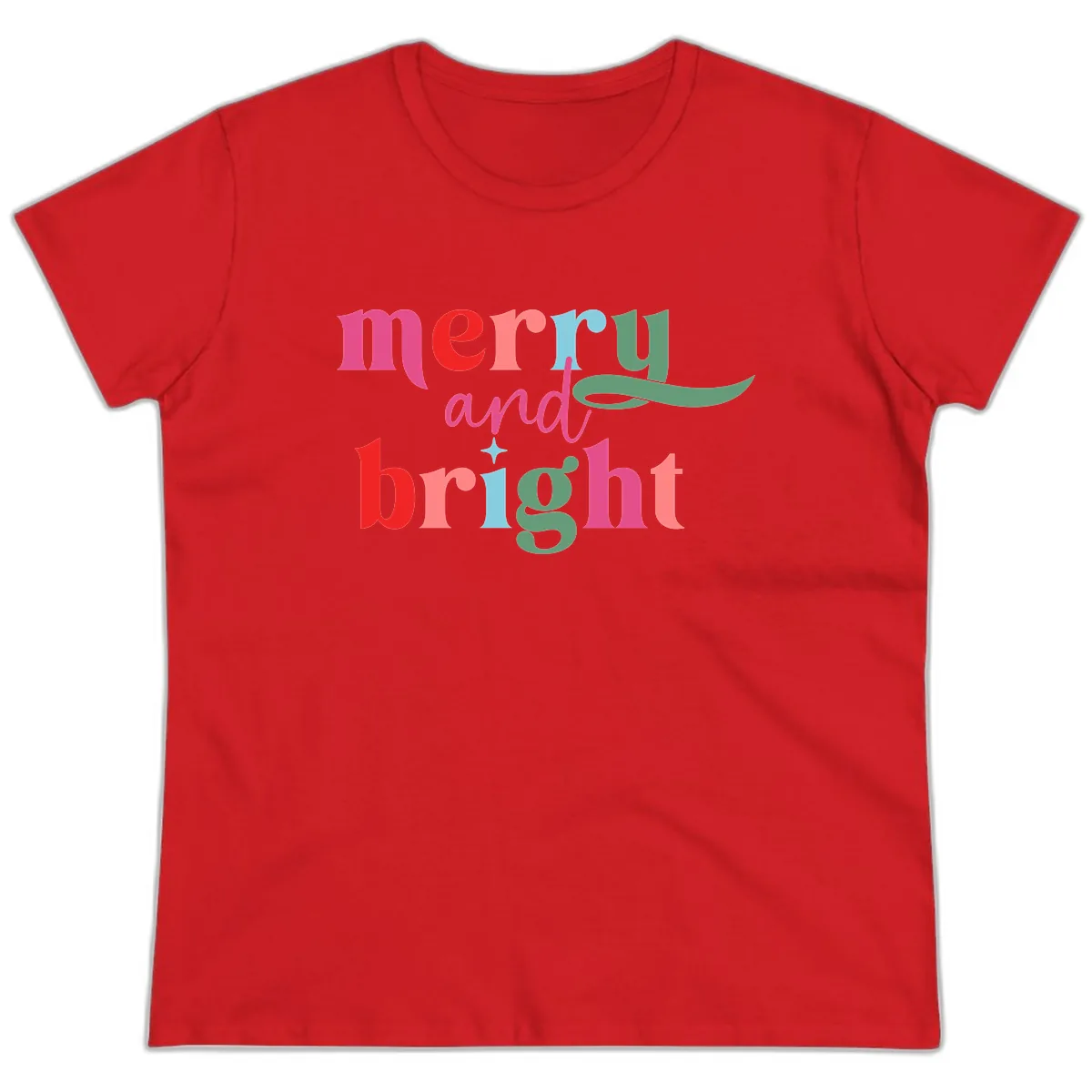 Merry And Bright Christmas Typography Ladies Tee in Red