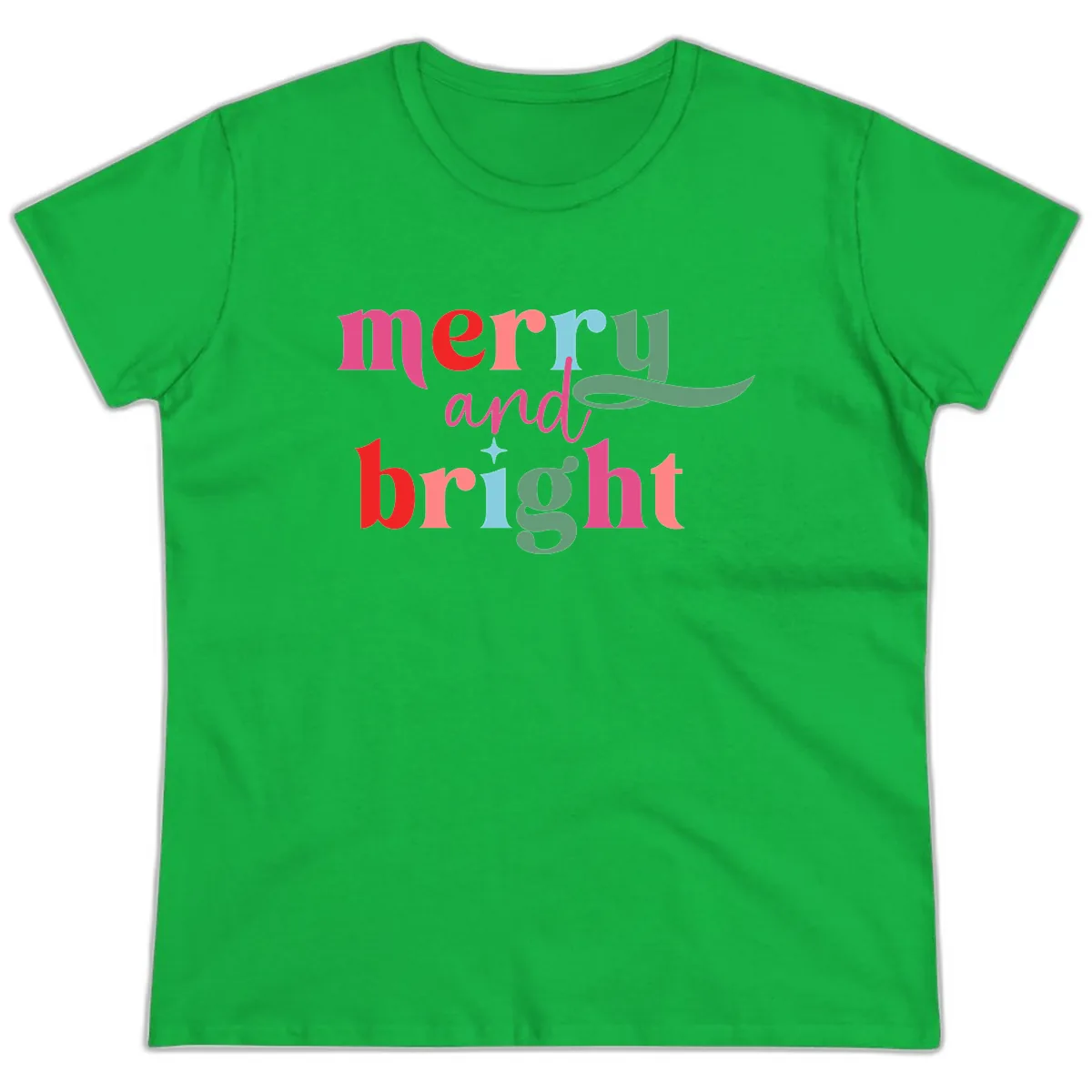 Merry And Bright Christmas Typography Ladies Tee in Irish Green