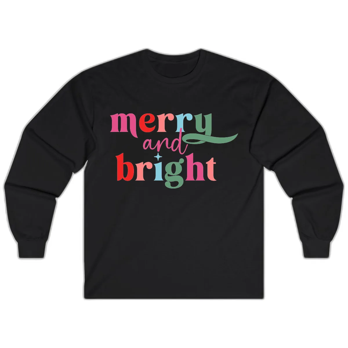 Merry And Bright Christmas Typography Long Sleeve in Black