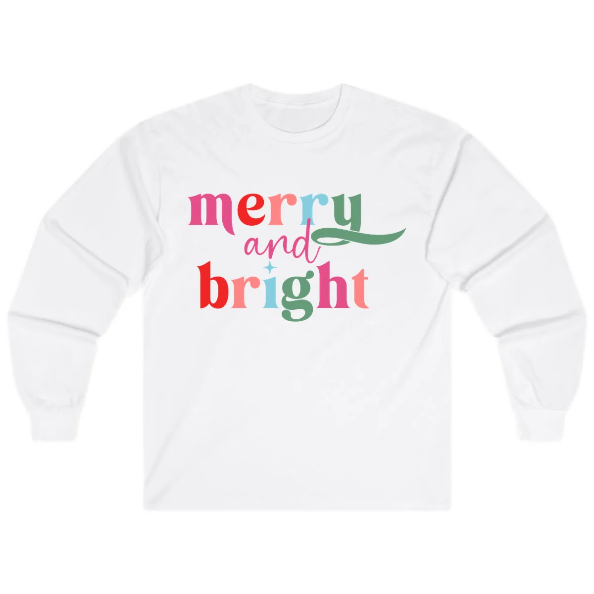 Merry And Bright Christmas Typography Long Sleeve in White