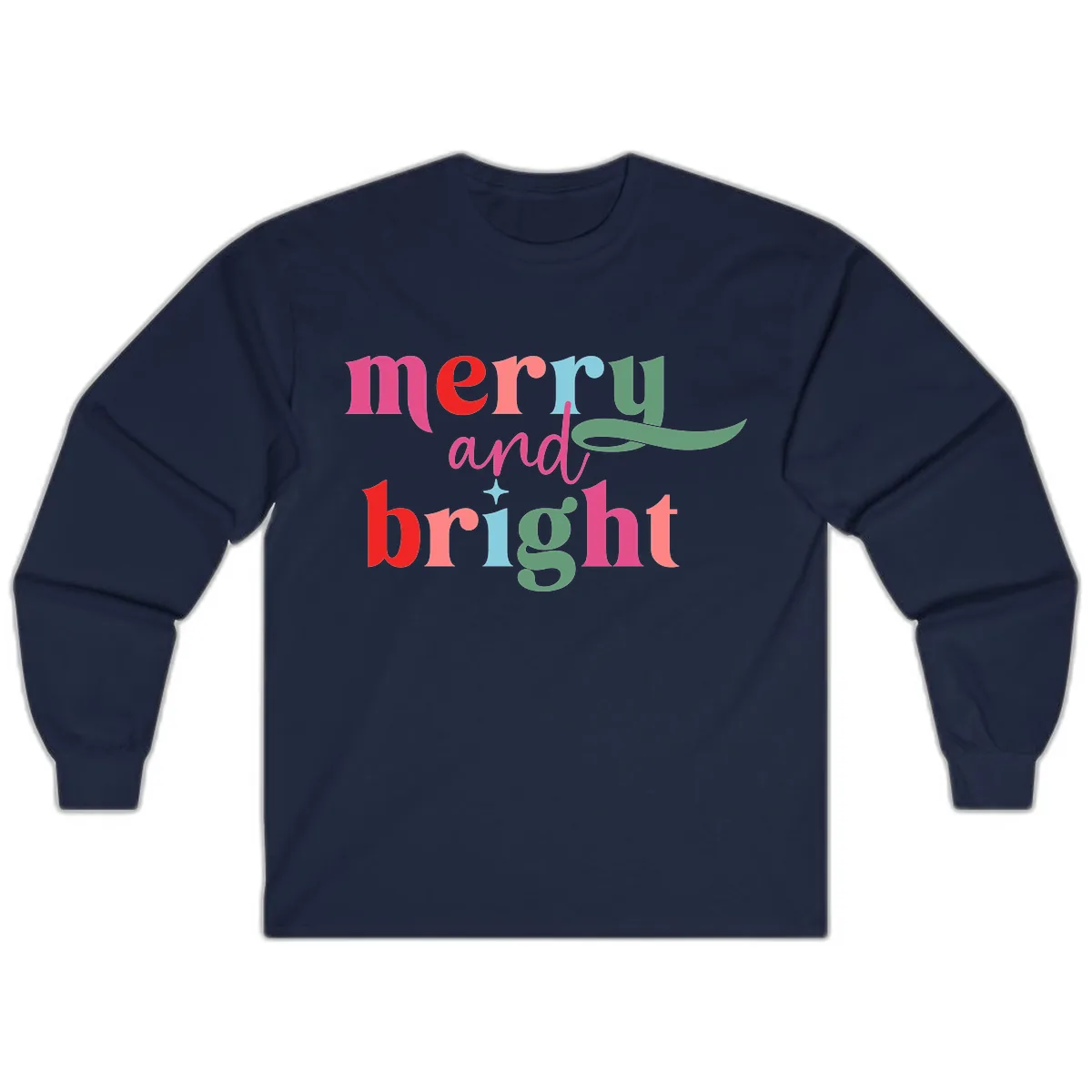 Merry And Bright Christmas Typography Long Sleeve in Navy