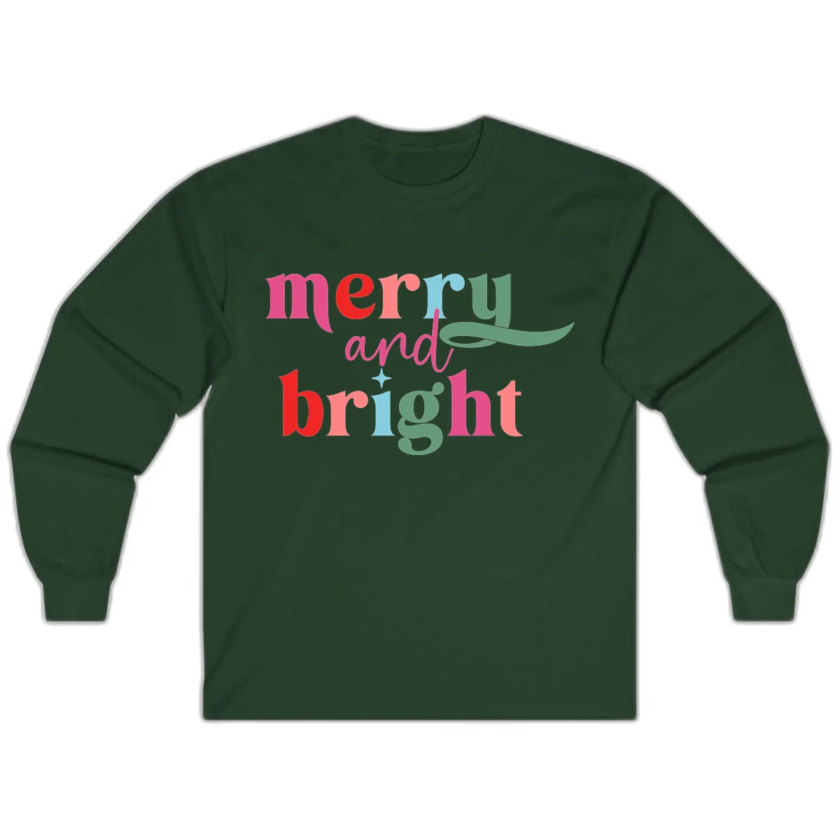 Merry And Bright Christmas Typography Long Sleeve in Forest Green