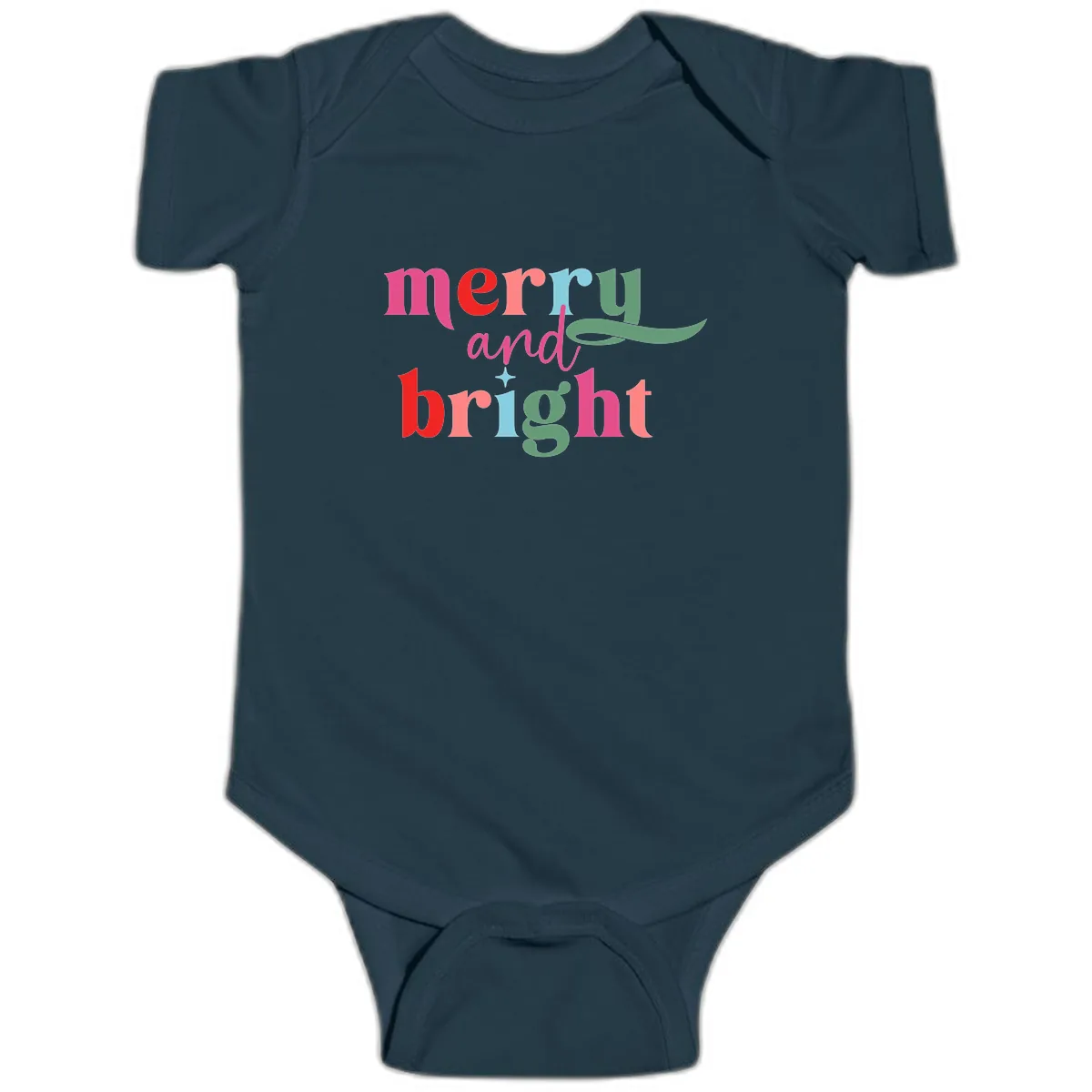 Merry And Bright Christmas Typography Baby Onesie in Navy