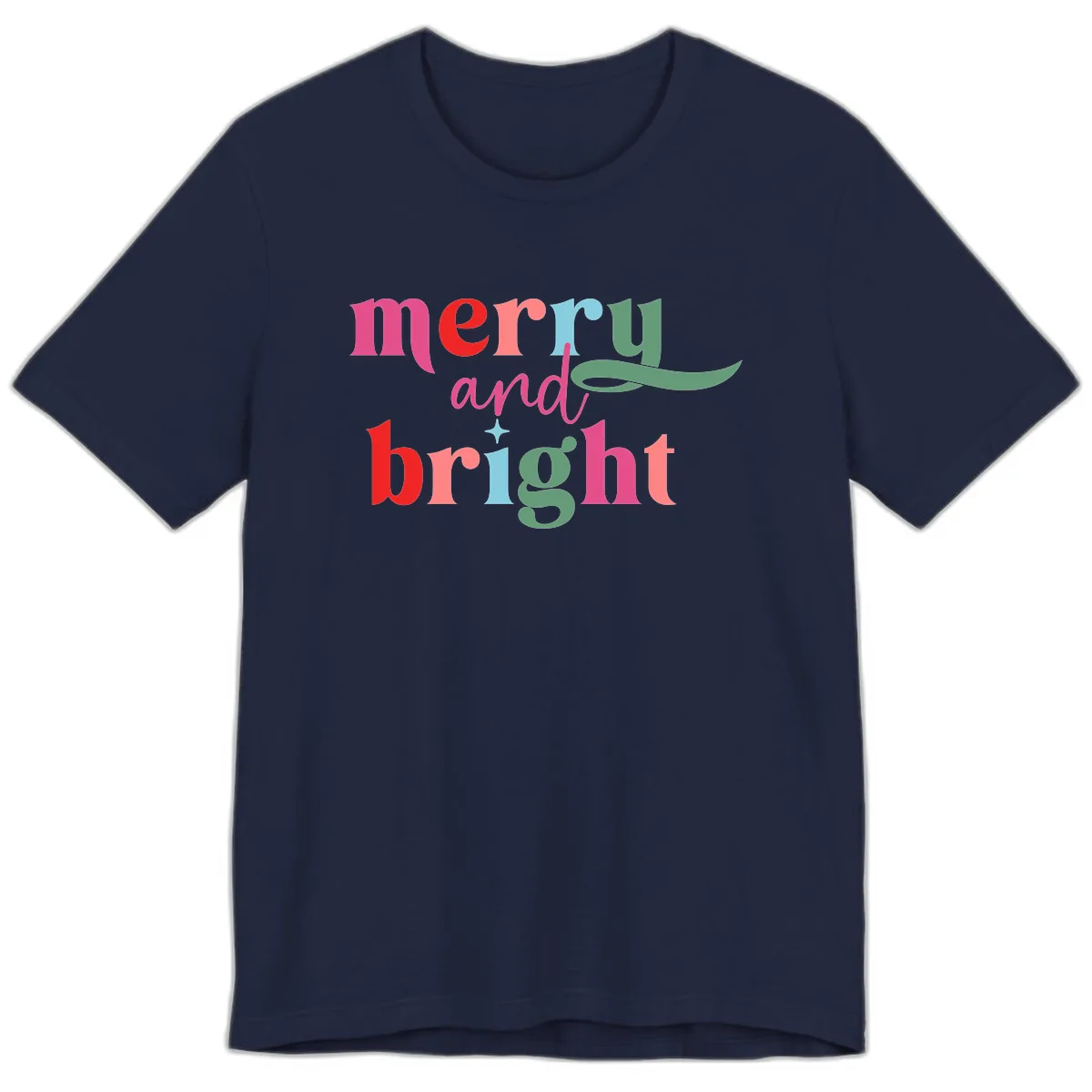 Merry And Bright Christmas Typography Premium T-Shirt in Navy
