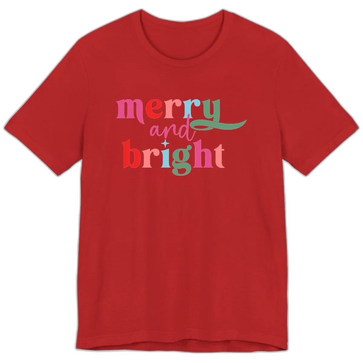 Merry And Bright Christmas Typography Premium T-Shirt in Red