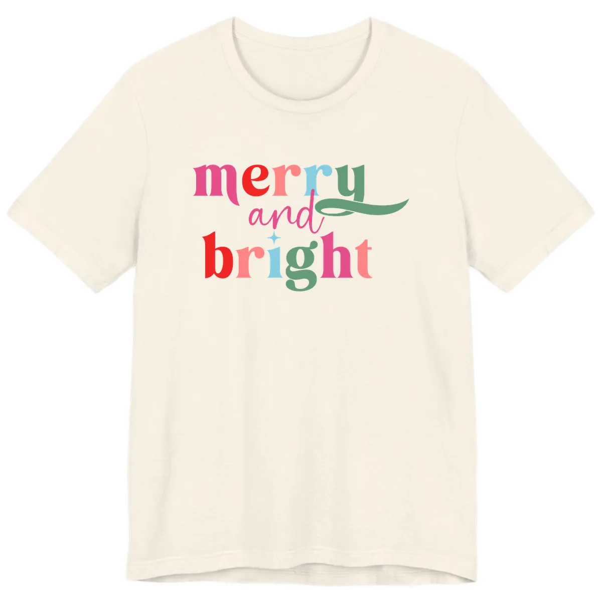 Merry And Bright Christmas Typography Premium T-Shirt in Natural
