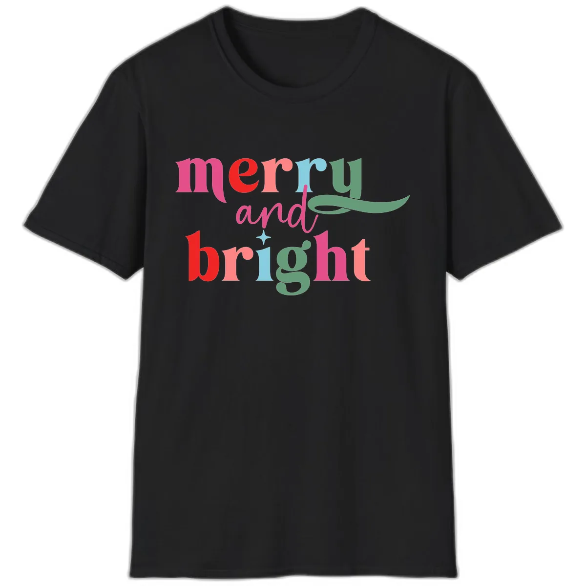 Merry And Bright Christmas Typography T-Shirt in Black