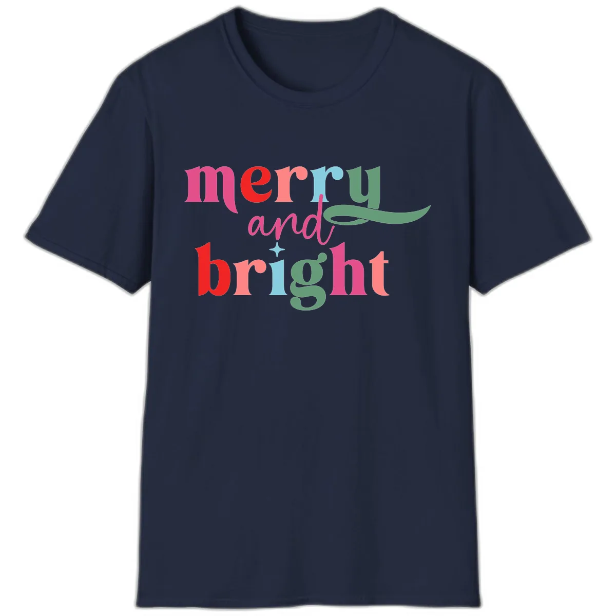 Merry And Bright Christmas Typography T-Shirt in Navy