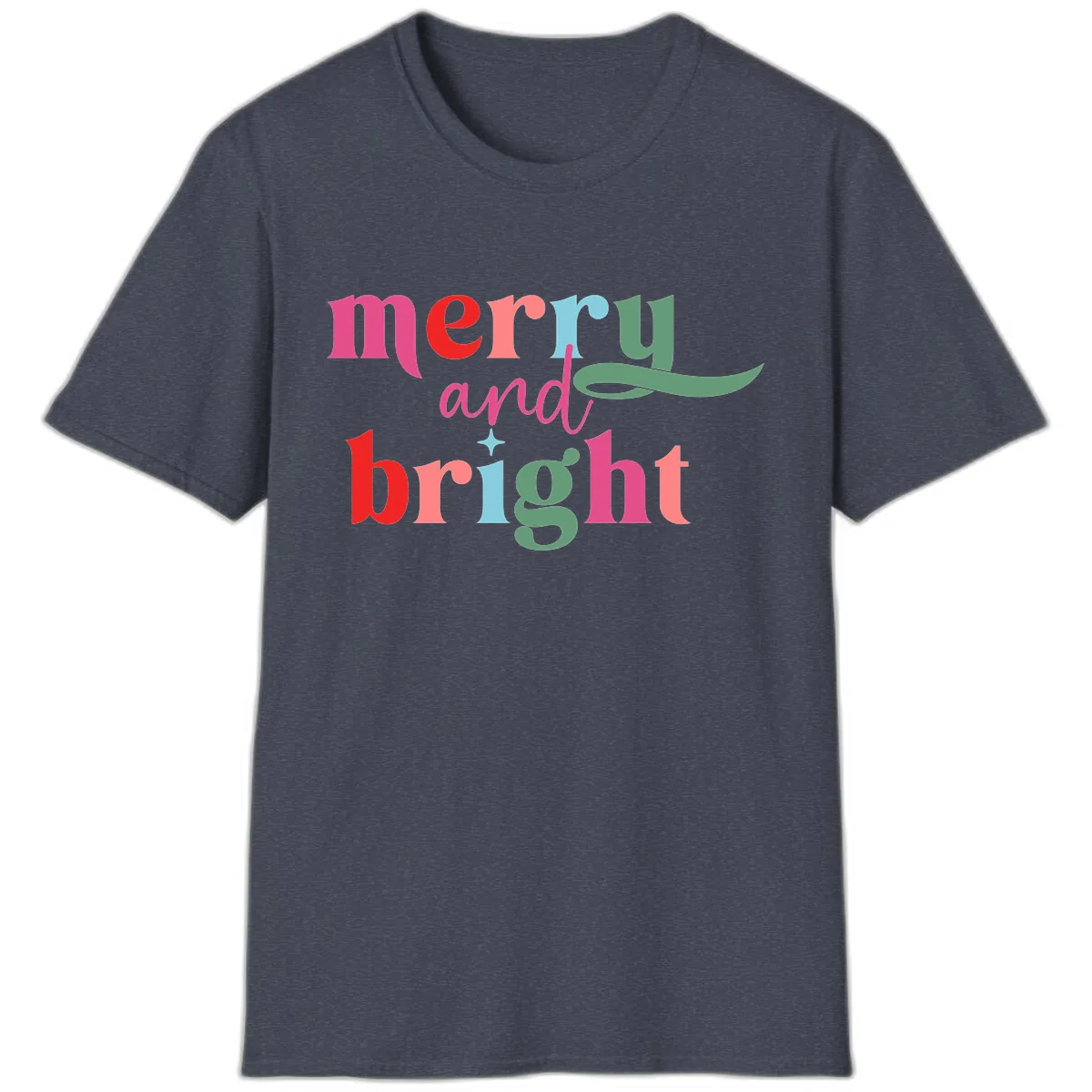 Merry And Bright Christmas Typography T-Shirt in Heather Navy