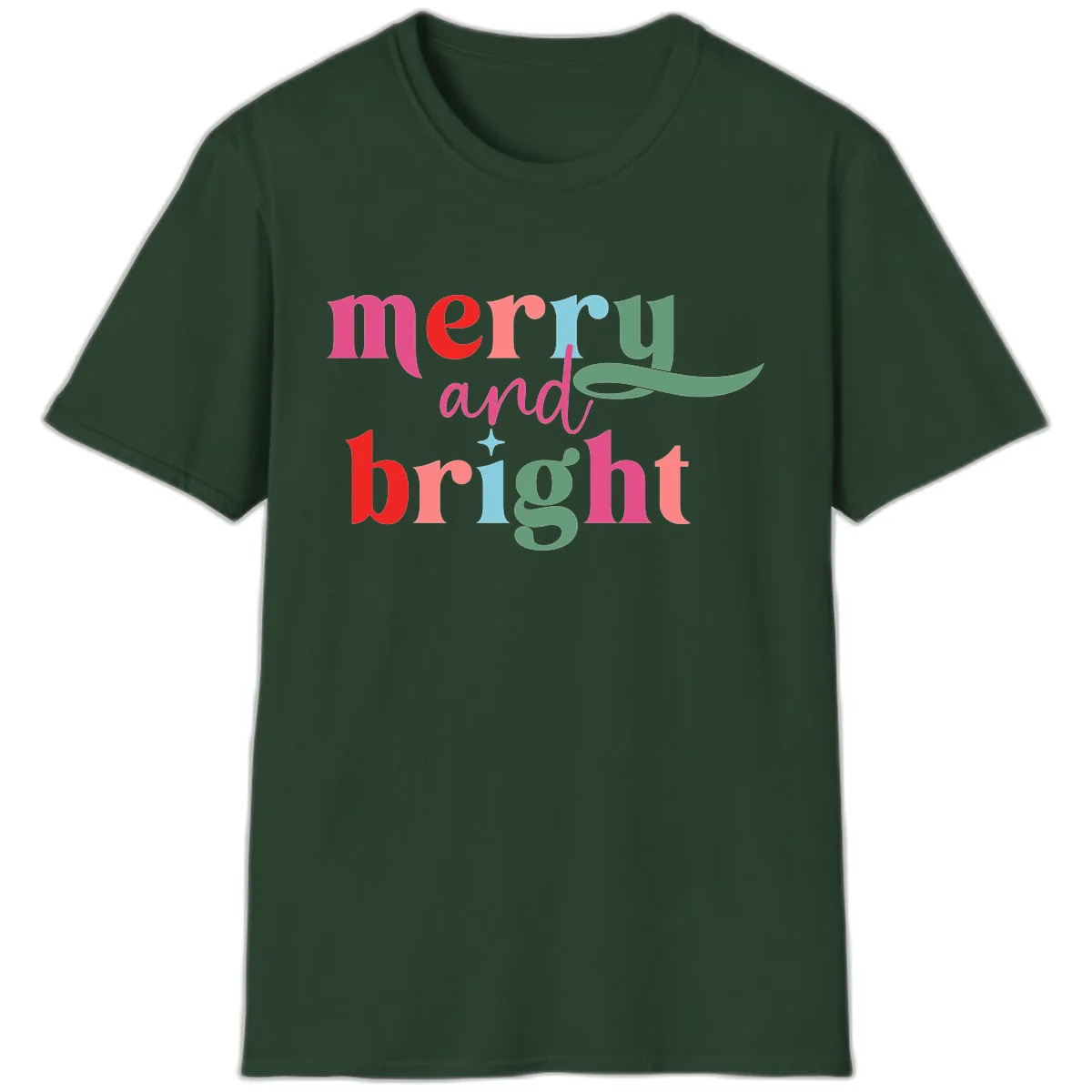 Merry And Bright Christmas Typography T-Shirt in Forest Green