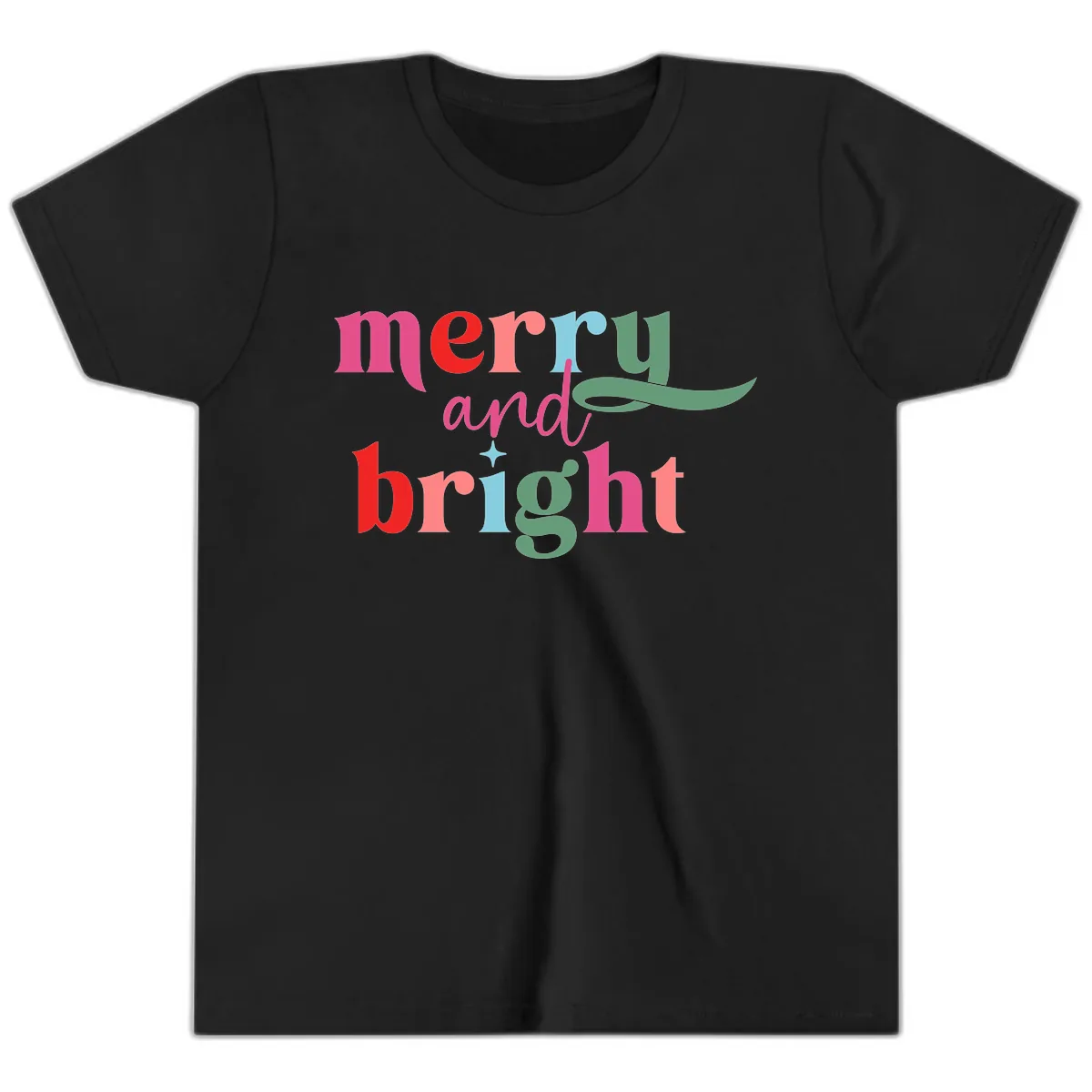 Merry And Bright Christmas Typography Youth T-Shirt in Black