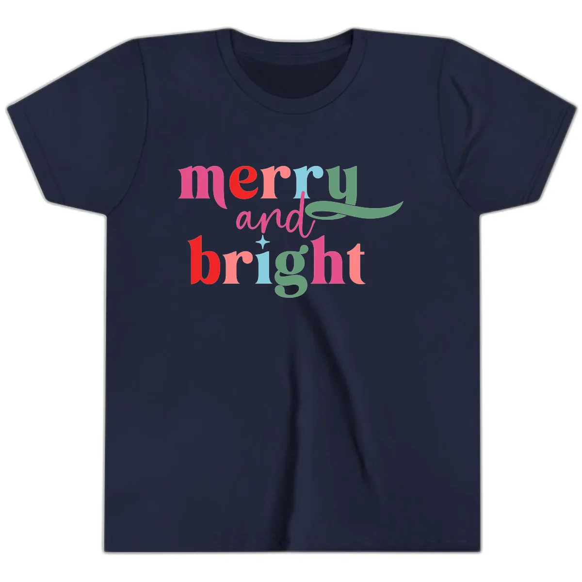 Merry And Bright Christmas Typography Youth T-Shirt in Navy