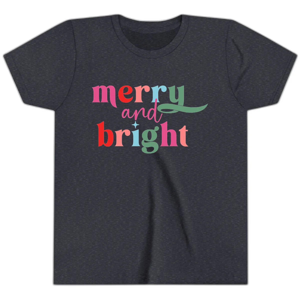 Merry And Bright Christmas Typography Youth T-Shirt in Heather Navy