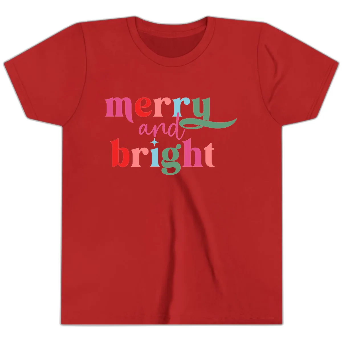 Merry And Bright Christmas Typography Youth T-Shirt in Red