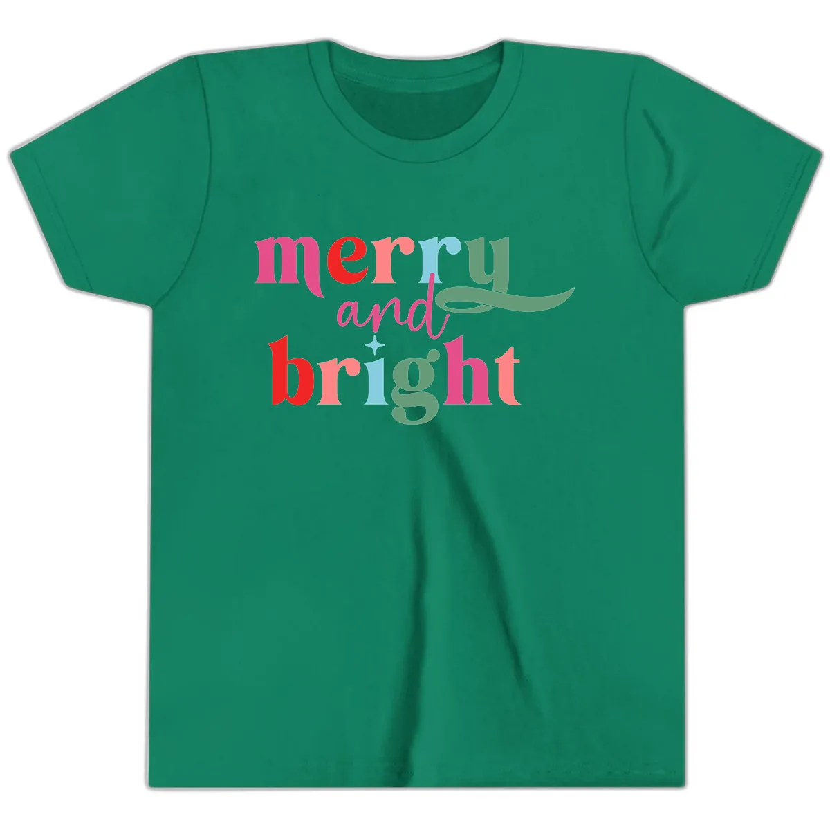 Merry And Bright Christmas Typography Youth T-Shirt in Kelly