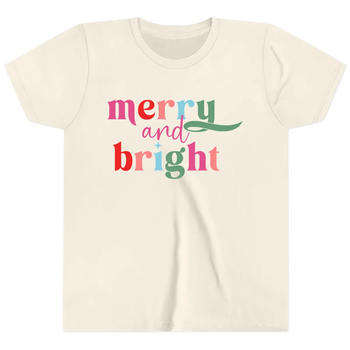 Merry And Bright Christmas Typography Youth T-Shirt in Natural