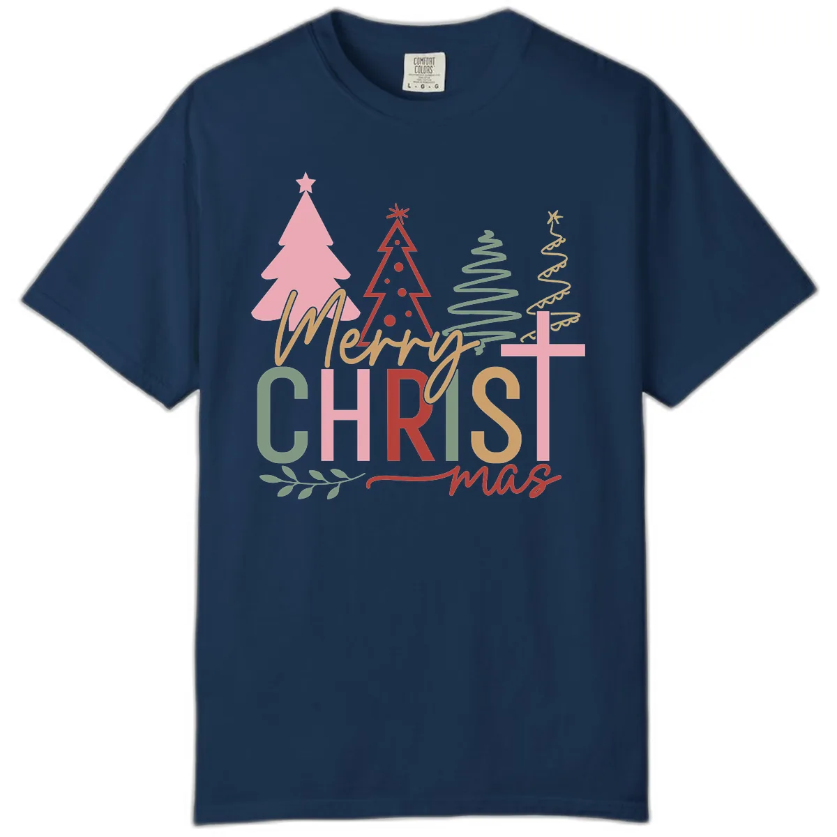 Merry Christmas Trees And Cross Comfort Color in Navy