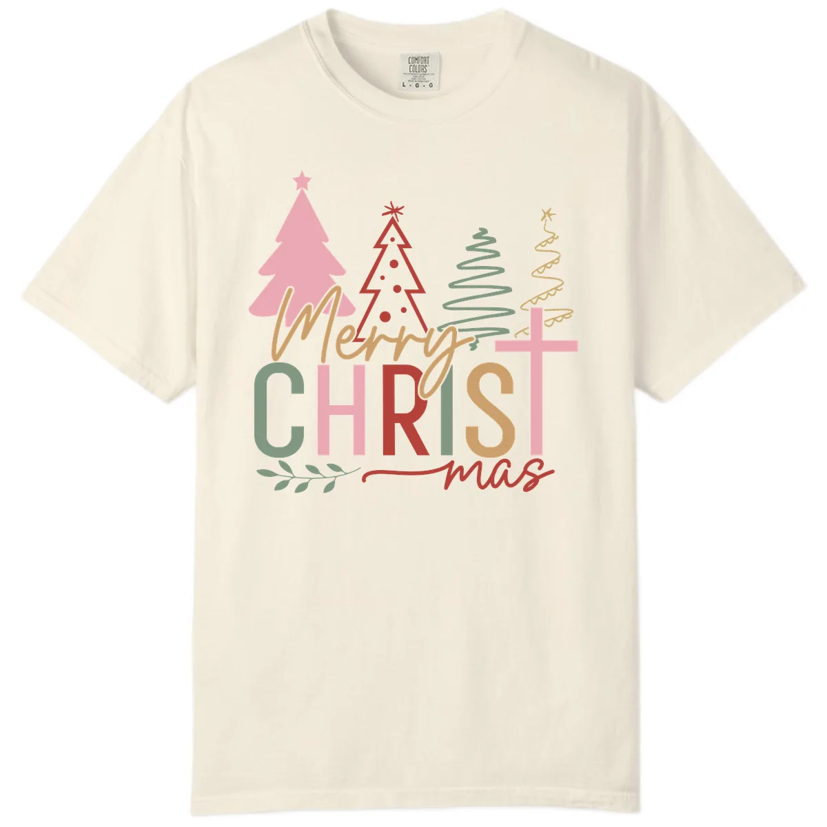 Merry Christmas Trees And Cross Comfort Color in Ivory