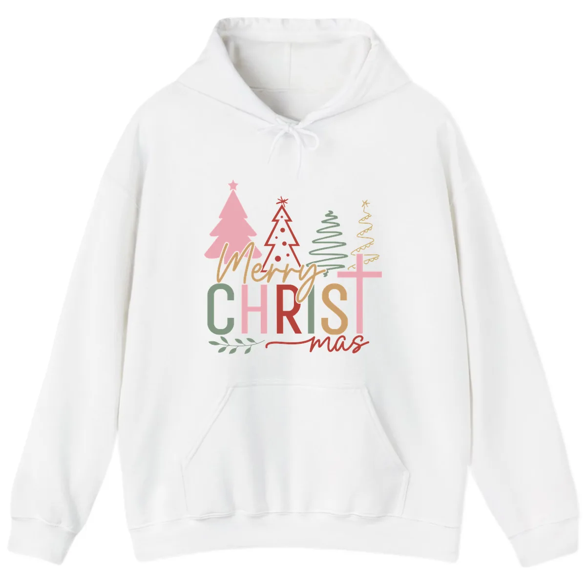 Merry Christmas Trees And Cross Hoodie in White
