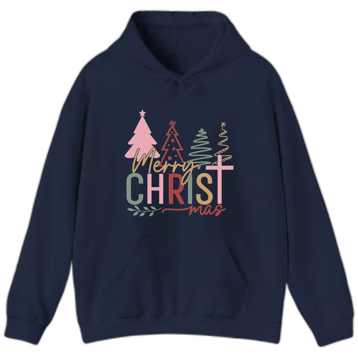 Merry Christmas Trees And Cross Hoodie in Navy