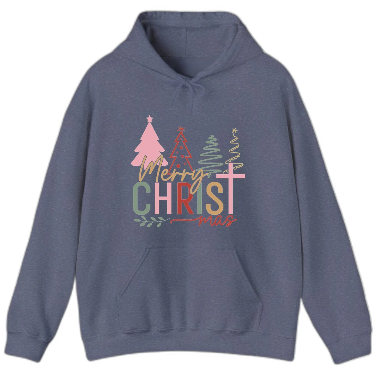 Merry Christmas Trees And Cross Hoodie in Heather Navy
