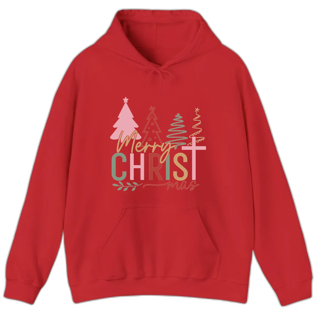 Merry Christmas Trees And Cross Hoodie in Red