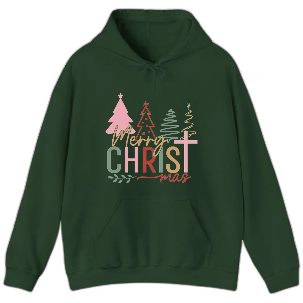 Merry Christmas Trees And Cross Hoodie in Forest Green