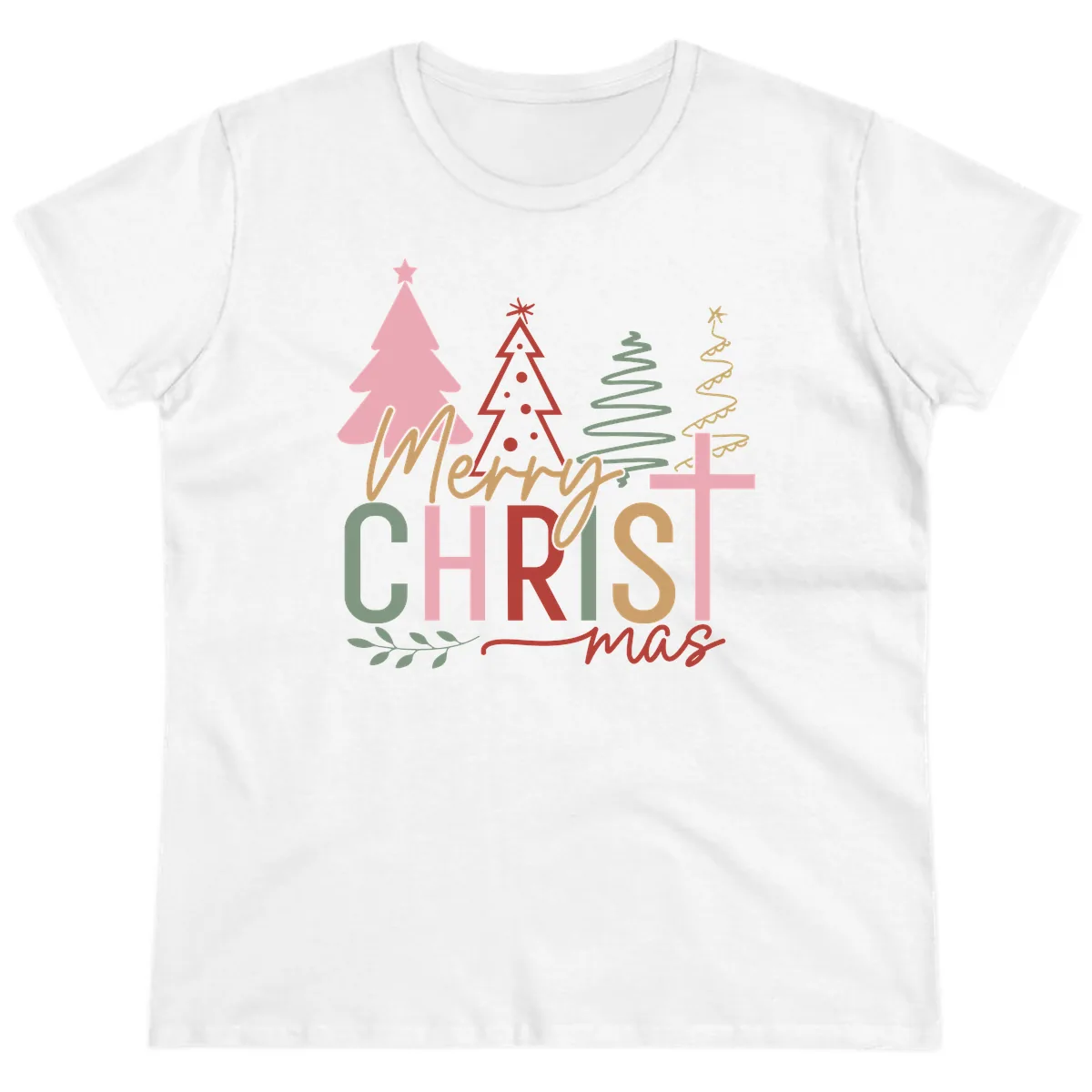 Merry Christmas Trees And Cross Ladies Tee in White