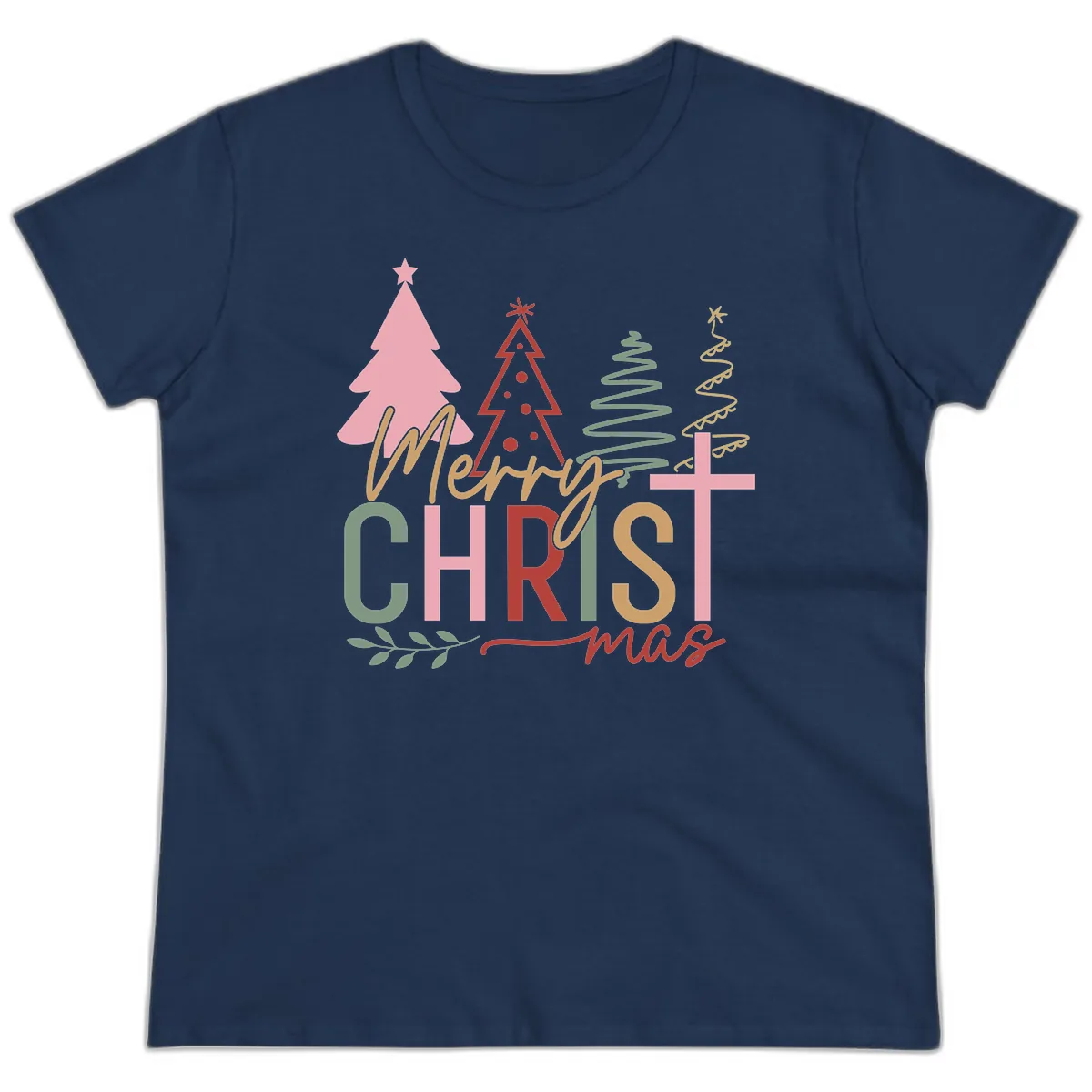 Merry Christmas Trees And Cross Ladies Tee in Navy