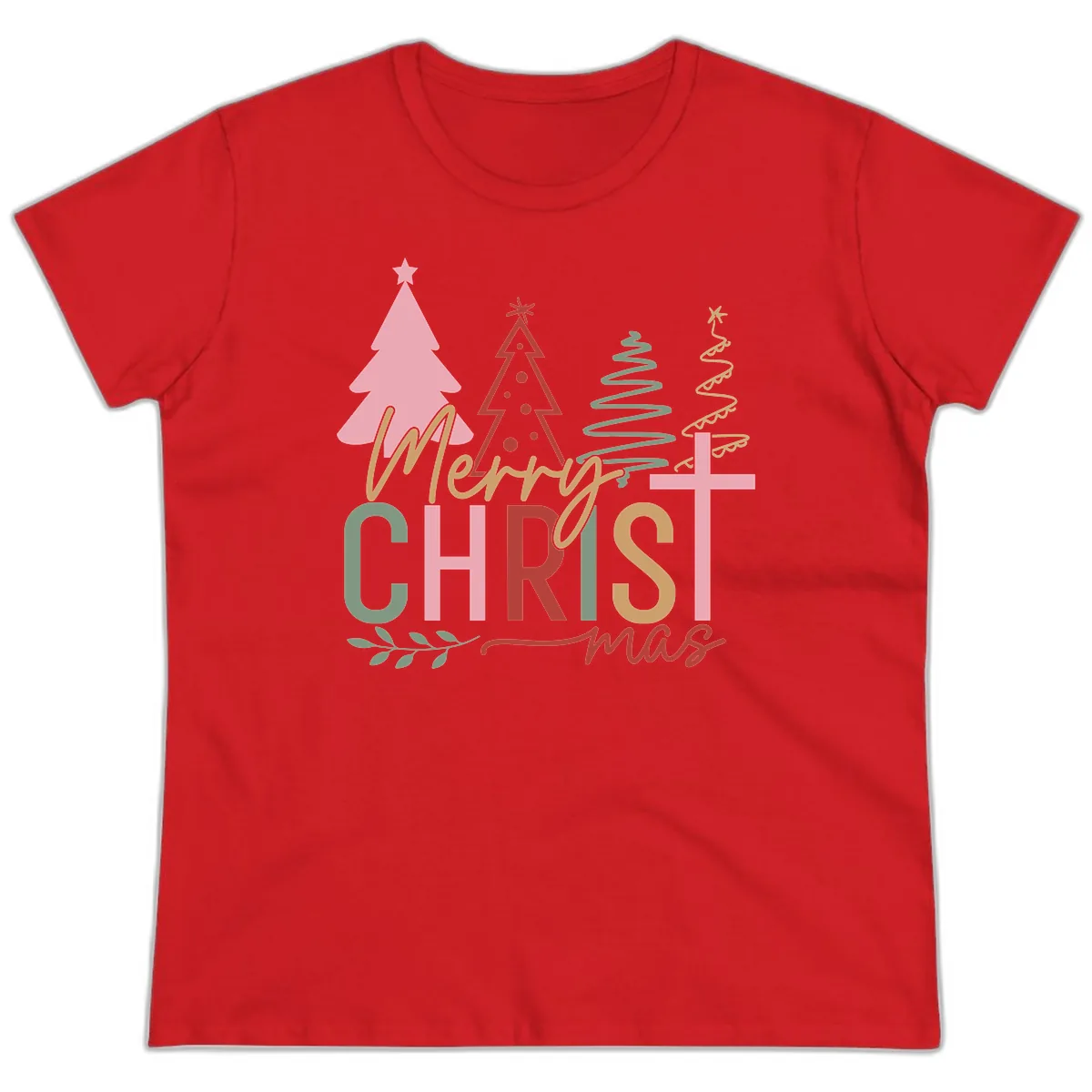 Merry Christmas Trees And Cross Ladies Tee in Red