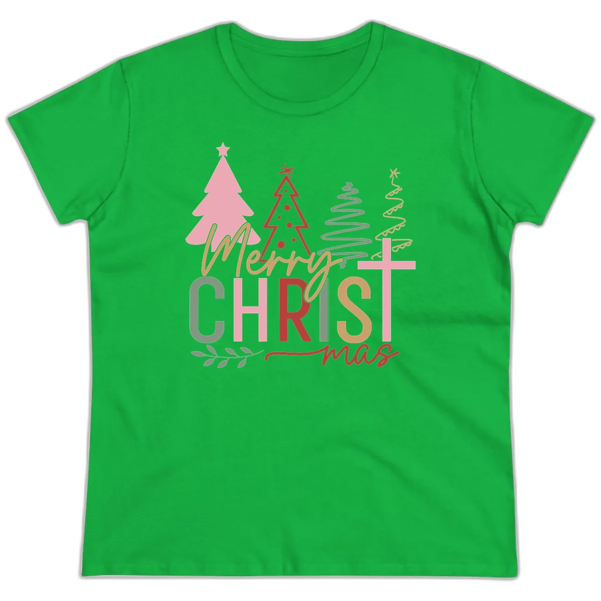 Merry Christmas Trees And Cross Ladies Tee in Irish Green