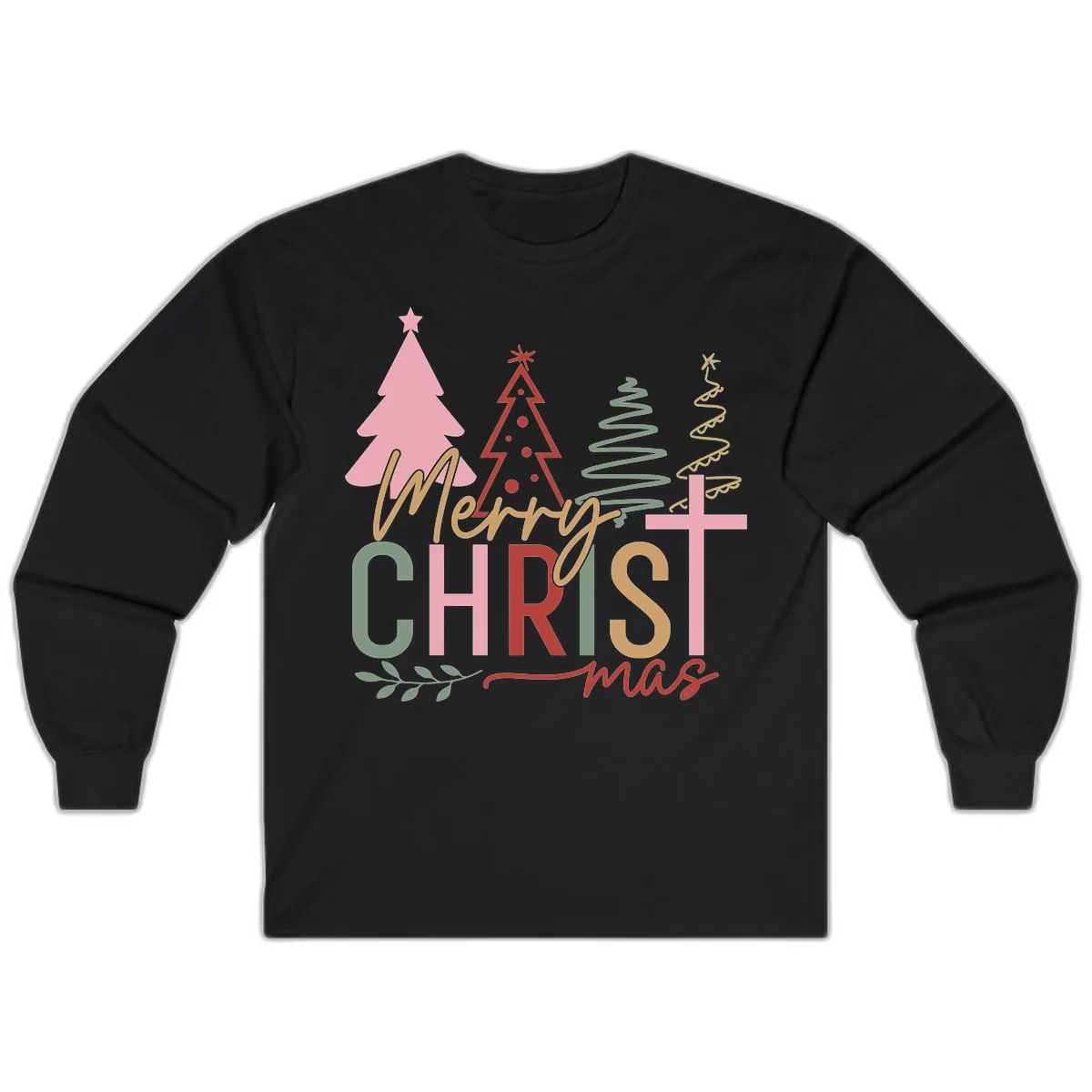 Merry Christmas Trees And Cross Long Sleeve in Black