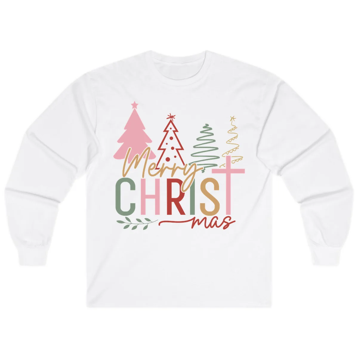 Merry Christmas Trees And Cross Long Sleeve in White