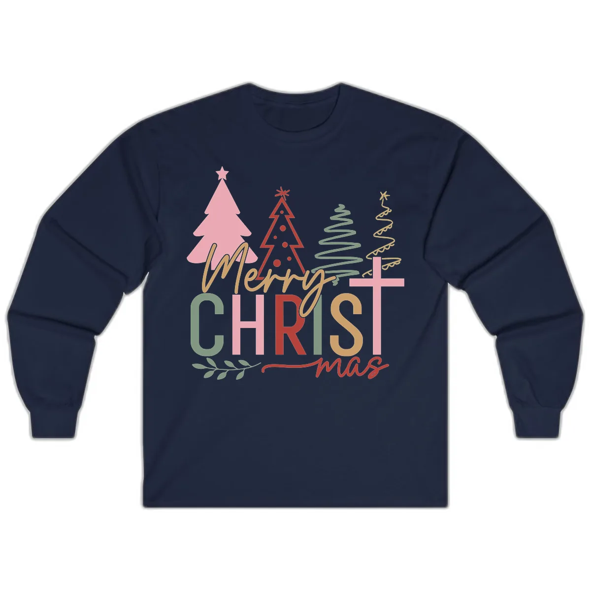 Merry Christmas Trees And Cross Long Sleeve in Navy