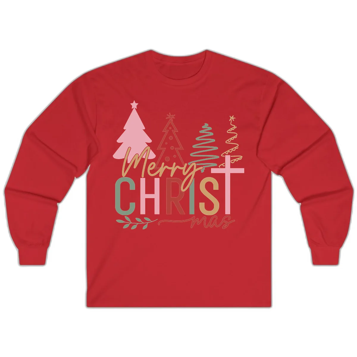Merry Christmas Trees And Cross Long Sleeve in Red