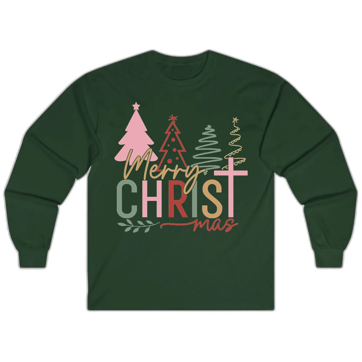 Merry Christmas Trees And Cross Long Sleeve in Forest Green